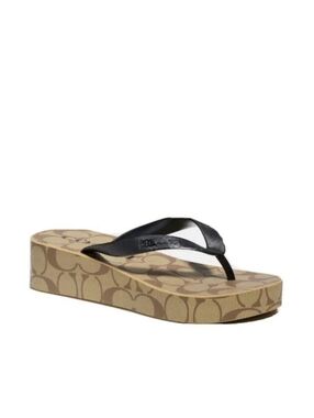 Coach Lynn Platform Flip Flop in Tan Signature with Black Straps, Size 6
